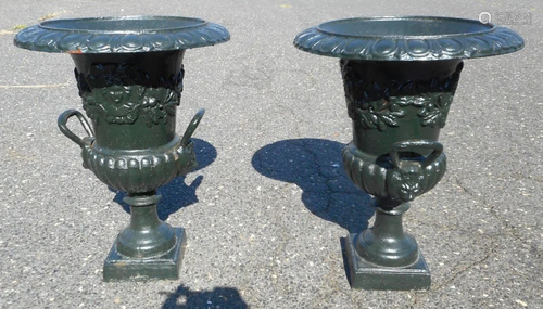 Pair of Cast Iron Urns With Decorative Handles