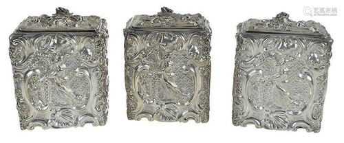 Set of Three George III Silver Chinoisere Tea Caddies