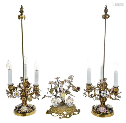 Pair Gilt Bronze and Porcelain Lamps, Ink Well