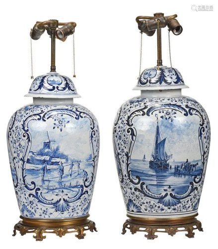 Pair Delft Style Lidded Ginger Jar Lamps