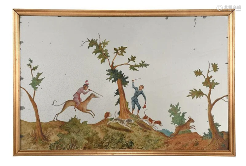 Reverse Painted Mirror of Monkeys and Dogs