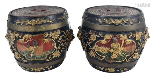 Pair Chinese Polychrome and Gilt Lidded Barrels
