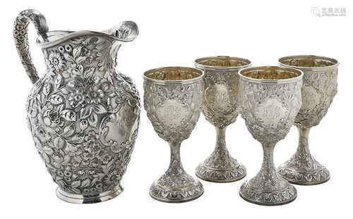 Set of 12 Repousse Sterling Goblets and Pitcher