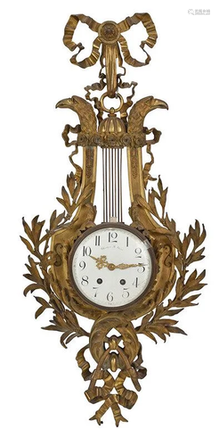 Louis XVI Style Gilt Bronze Lyre Form Cartel Clock