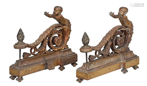 Pair of Louis XV Style Figural Brass Chenets