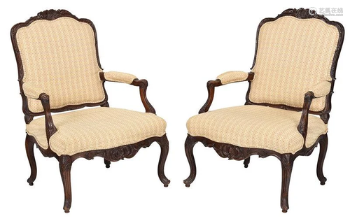 Pair Louis XV Style Carved Open Arm Chairs