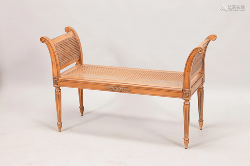 LOUIS XVI STYLE WALNUT AND CANE BENCH C 1920, H 29