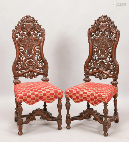 ENGLISH WALNUT HEAVILY CARVED SIDE CHAIRS, C 1900,