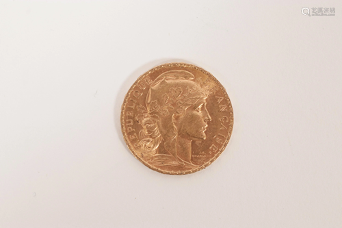 FRANCE 20 FRANC GOLD COIN, 1908, DIA 3/4