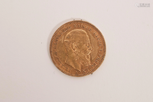 DEUTSCH GOLD 10 MARK COIN, 1888, DIA 3/4