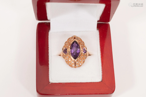 MARQUIS CUT AMETHYST AND DIAMONDS RING, 14K ROSE …