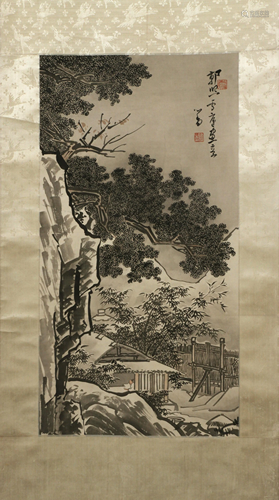 CHINESE INK & COLOR ON SILK SCROLL, H 7' 7