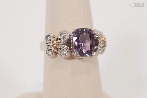 3.19 CARAT CUSHION CUT PURPLE SAPPHIRE RING, DIAMONDS,