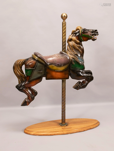 POLYCHROMED CARVED WOOD CAROUSEL HORSE, BRASS P…