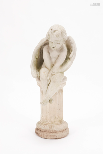 CONCRETE GARDEN CHERUB & PEDESTAL, 2 PCS, H 20