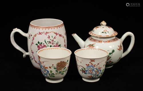 CHINESE EXPORT TEAPOT, MUG, TWO CUPS 18TH C. 4 PCS