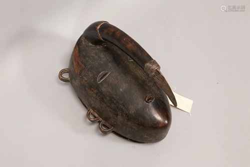 AFRICAN CARVED WOOD WITH PIGMENT AND METAL, MASK