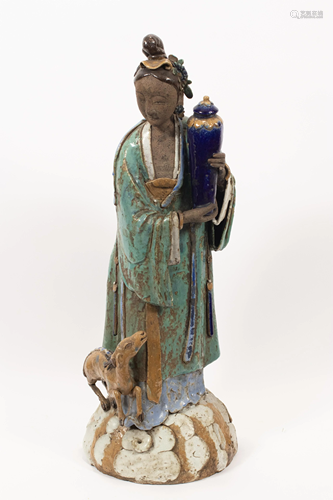 CHINESE POTTERY, QUAN YIN WITH FAWN, 19TH.C. H 32.5