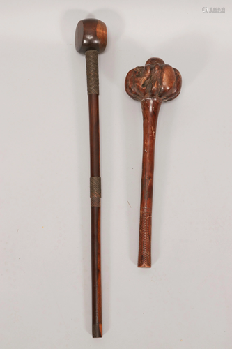 AFRICAN CARVED WOOD AND METAL TOOLS GROUP OF TWO