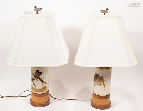 PORCELAIN CYLINDRICAL LAMPS, C. 1940, PAIR, H 29