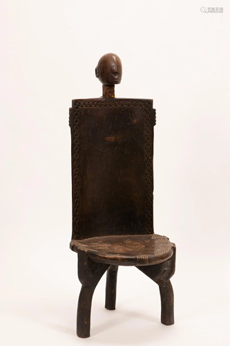 AFRICAN CARVED WOOD, BEAD & METAL CHAIR, H 55