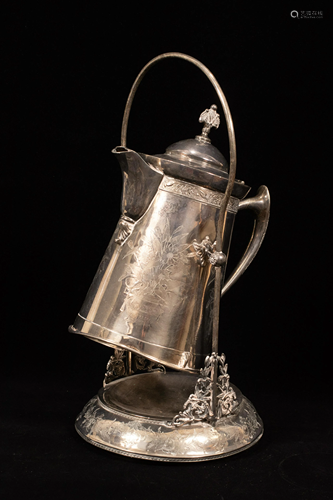 SILVER PLATE ICE WATER PITCHER ON STAND, C. 1850, H