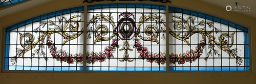 LEADED STAINED AND PAINTED GLASS ARCHED WINDOW…