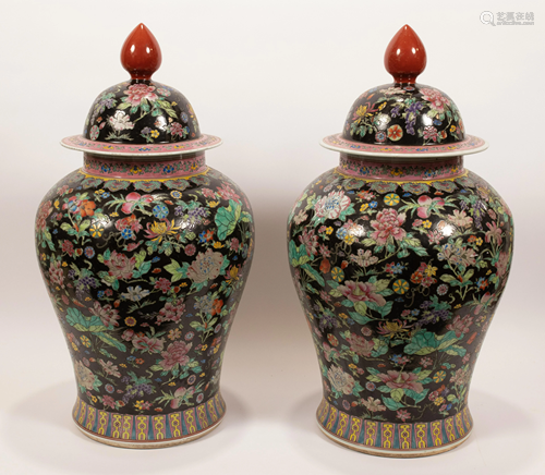 CHINESE FAMILLE NOIRE PORCELAIN COVERED JARS, PAIR, H