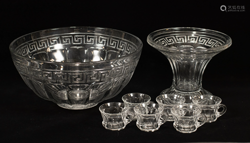 HEISEY GLASS PUNCHBOWL & CUPS, 7 PCS, H 2.2…