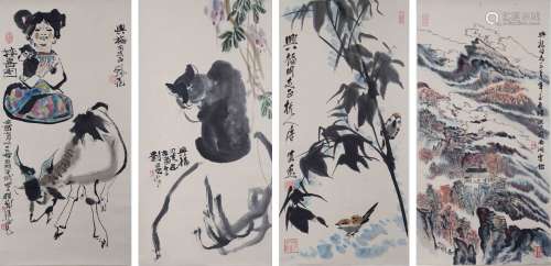 陆俨少、程十发、唐云、刘旦宅人物山水四屏（lot217-232为同一藏家藏...