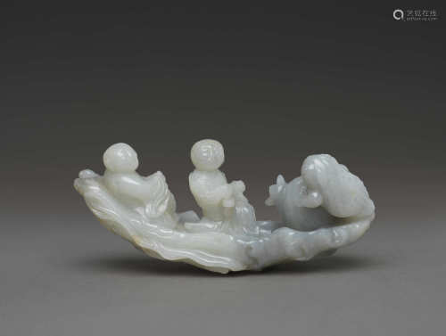 白玉和合二仙乘槎擺件 WHITE JADE DISPLAY OBJECT OF TWO IMMORT...