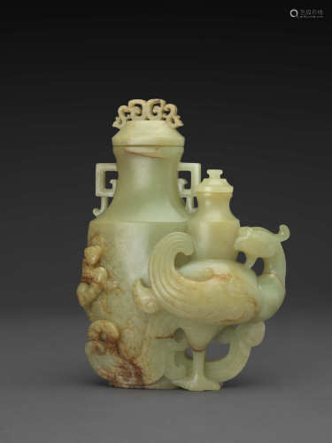 黃玉螭鳳紋雙聯蓋瓶YELLOW JADE DOUBLE CONNECTED LIDDED VASE W...