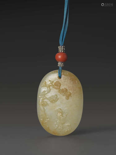 白玉留皮松下高士牌 WHITE JADE WITH SKIN PLAQUE OF A SCHOLAR ...