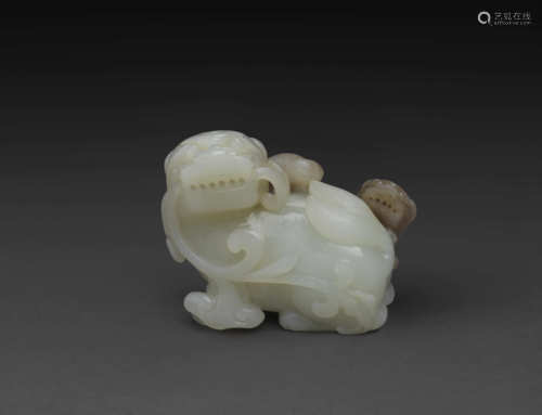 雙色玉巧雕太師少師擺件 TWO-COLOR JADE CARVING OF OLD AND YOU...