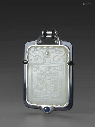 白玉人物诗文牌WHITE JADE PLAQUE WITH FIGURES AND ENGRAVED PO...