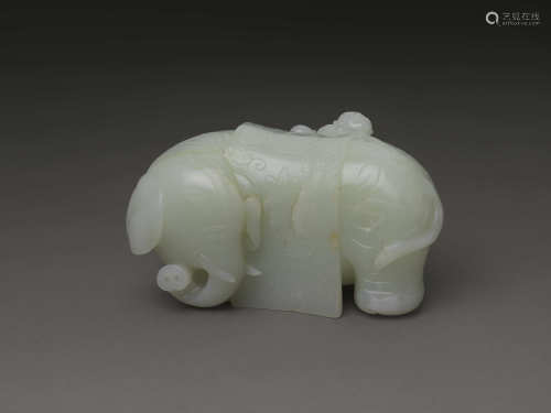 白玉童子洗象擺件 WHITE JADE DISPLAY OBJECT OF BOY WASHING AN...