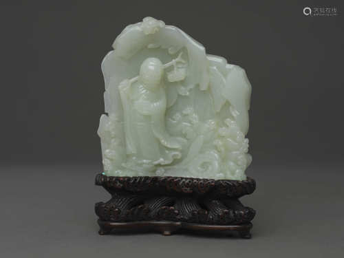 青白玉達摩一葦渡江山子 QINGBAI JADE OF A SHANZI SHOWING BODH...