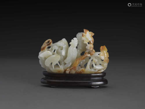 白玉留皮巧雕仙人山子擺件WHITE JADE WITH SOME BROWNISH YELLOW...