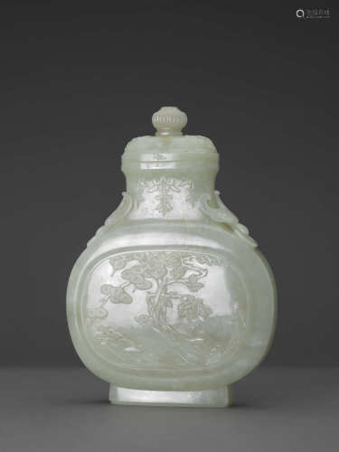 白玉獸首銜環耳抱月瓶 WHITE JADE MOON FLASK FLANKED BY BEAST ...