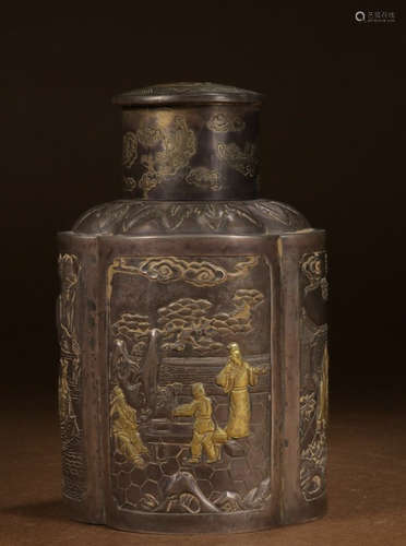 GILT SILVER CAST FIGURE PATTERN TEA CADDY