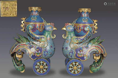 PAIR OF CLOISONNE CAST BIRD SHAPED VASES