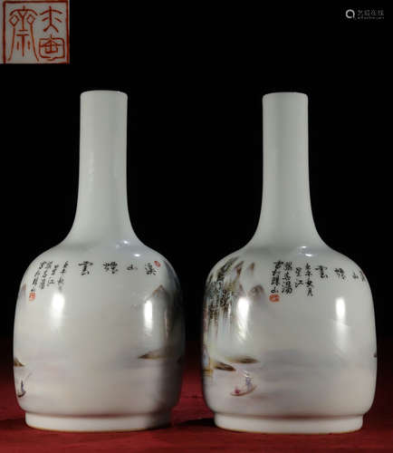 PAIR OF FAMILLE ROSE GLAZE LANDSCAPE PATTERN VASES