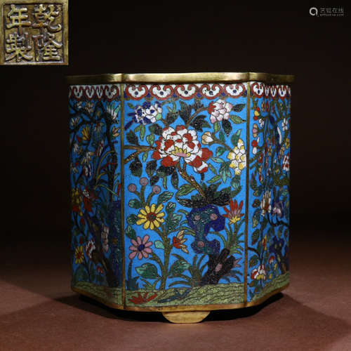 CLOISONNE CAST FLORAL PATTERN BRUSH POT