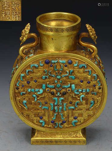 QIANLONG MARK GILT BRONZE WITH GEM DECORATED VASE