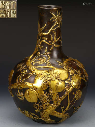 QIANLONG MARK GILT BRONZE CAST VASE