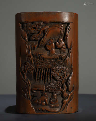 BAMBOO CARVED FIGURE PATTERN BRUSH POT