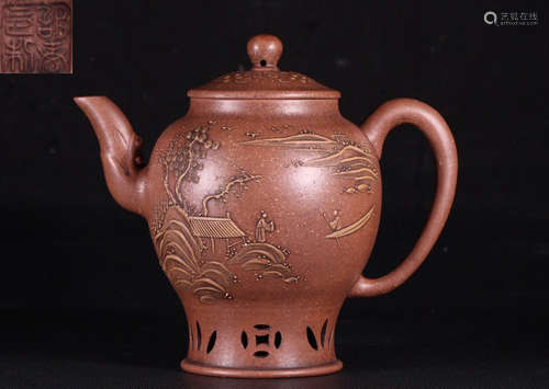 ZISHA CARVED FIGURE PATTERN TEAPOT