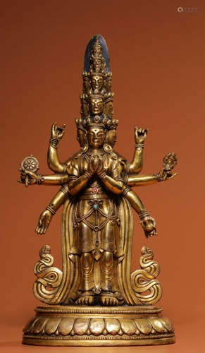 GILT BRONZE CAST GUANYIN BUDDHA STATUE