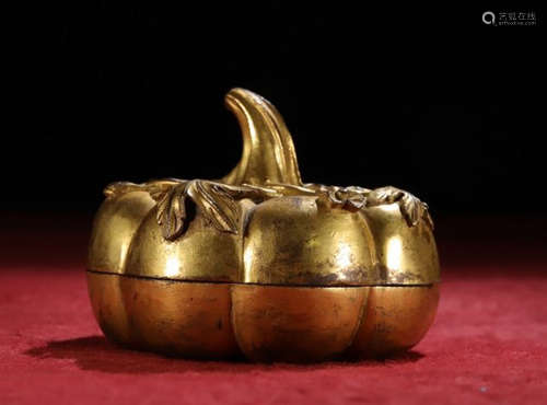 GILT BRONZE CAST PUMPKIN SHAPED BOX WITH COVER