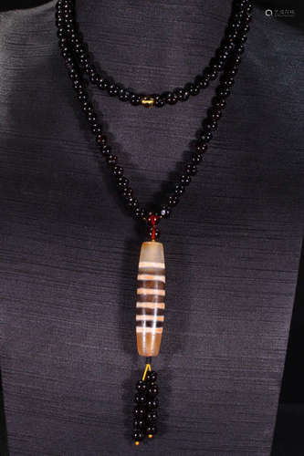 TIBETAN AGATE&AMBER BEAD STRING NECKLACE